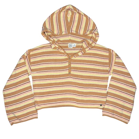 Roxy Tops - Roxy Sunset Stripes Knit Henley Hoodie S Cropped Bell Sleeve Sweater